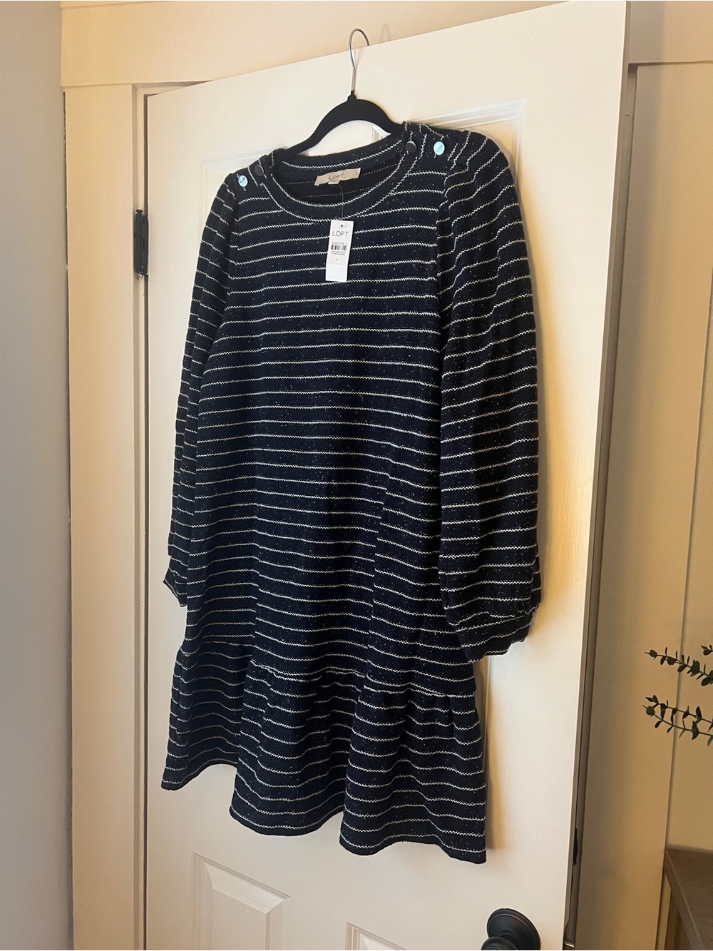 LOFT Black and White Striped Ruffle-Hem Long Sleeve Dress